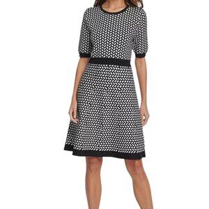 DKNY Women's Size Medium Sweater Dress Black White Windowpane Knit Knee Length